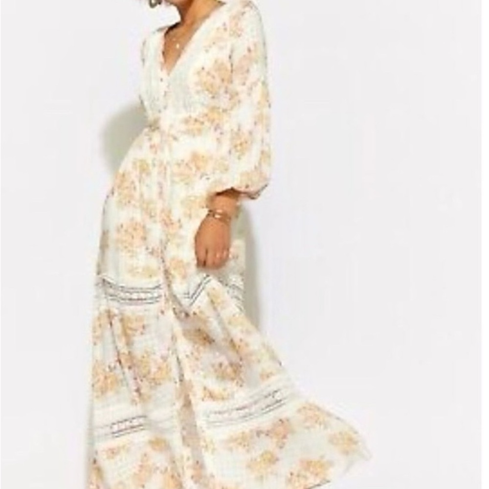 Blue Rain White and Soft Orange Maxi Dress with Billowy Sleeves